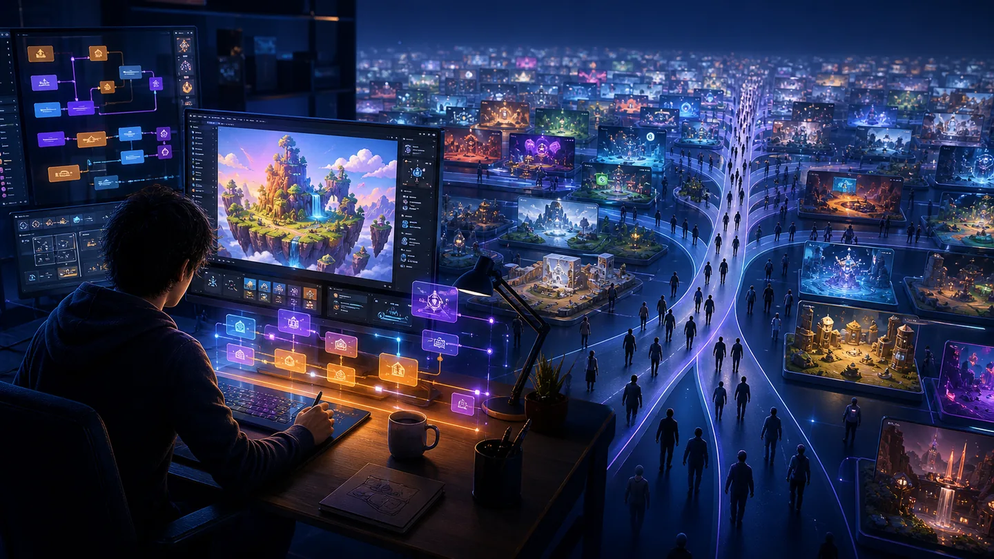 A developer building a game at a desk, surrounded by AI-generated assets and workflow panels, with a crowd of players moving toward a wall of published games in the background